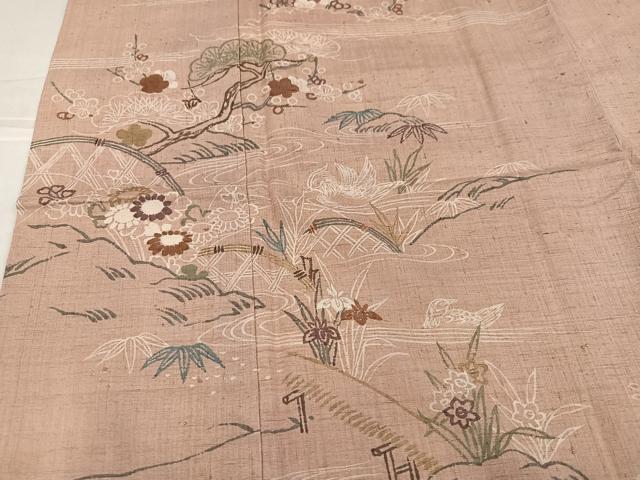 平和屋着物●訪問着　紬地　草花文　正絹　逸品　AABJ6293ph