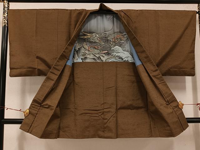 平和屋着物●男性　紬　アンサンブル　色無地　朽葉色　正絹　逸品　AABJ6295ph