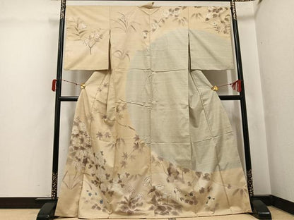 平和屋着物●本場大島紬　訪問着　手描き　カタス7マルキ　草花文　正絹　逸品　AABJ6306ph