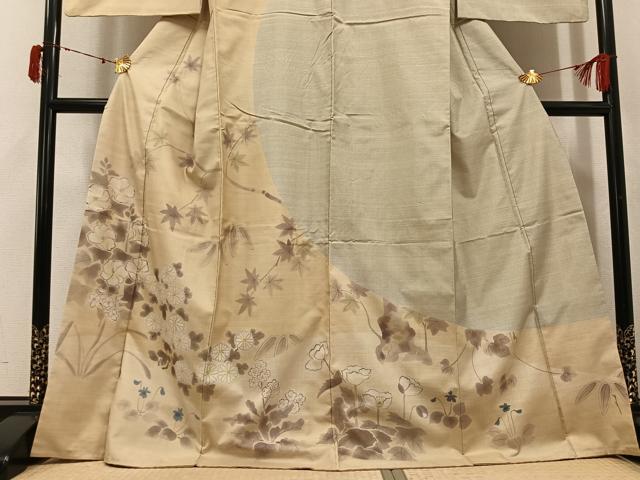 平和屋着物●本場大島紬　訪問着　手描き　カタス7マルキ　草花文　正絹　逸品　AABJ6306ph