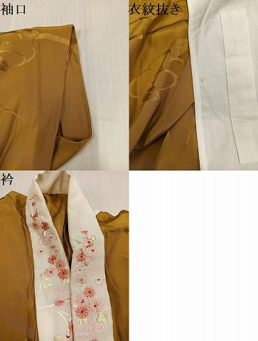 平和屋着物●振袖用長襦袢　椿地紋　山吹茶色　半衿刺繍　正絹　逸品　AABJ6308ph
