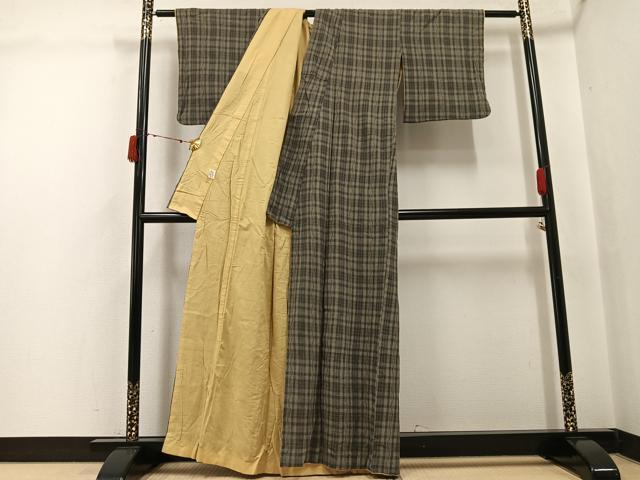 平和屋着物●小紋　格子　綿麻　AABJ6324ph