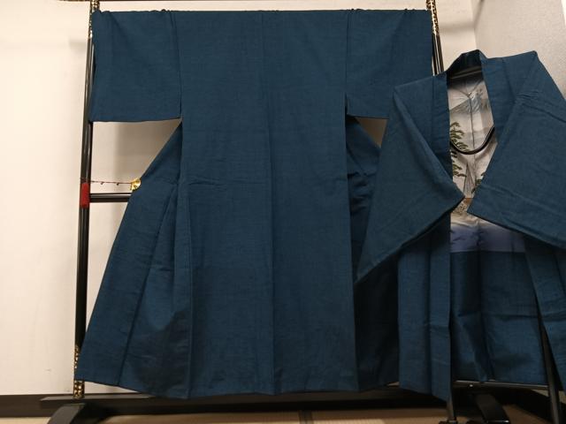 平和屋着物●男性　紬　アンサンブル　色無地　鉄御納戸色　正絹　逸品　AABJ6332ph
