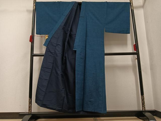 平和屋着物●男性　紬　アンサンブル　色無地　鉄御納戸色　正絹　逸品　AABJ6332ph