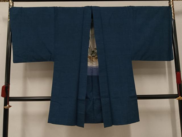 平和屋着物●男性　紬　アンサンブル　色無地　鉄御納戸色　正絹　逸品　AABJ6332ph