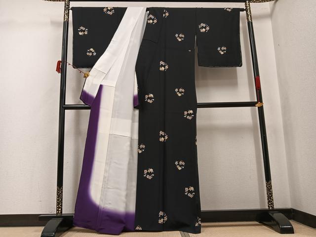 平和屋着物●上質な小紋　京友禅　草花文　黒地　丹後ちりめん　反端付き　正絹　逸品　AABJ6343ph