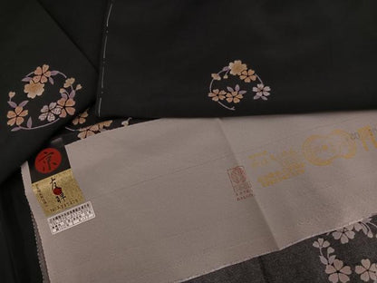 平和屋着物●上質な小紋　京友禅　草花文　黒地　丹後ちりめん　反端付き　正絹　逸品　AABJ6343ph