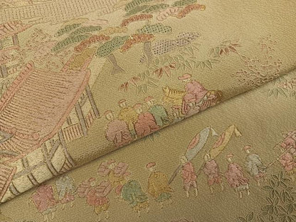 平和屋着物●中国三大刺繍　スワトウ刺繍　汕頭刺繍　訪問着　総刺繍　人物風景草花文　暈し染め　金糸　正絹　逸品　AABJ6355ph