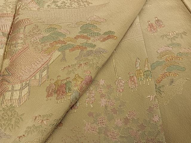 平和屋着物●中国三大刺繍　スワトウ刺繍　汕頭刺繍　訪問着　総刺繍　人物風景草花文　暈し染め　金糸　正絹　逸品　AABJ6355ph