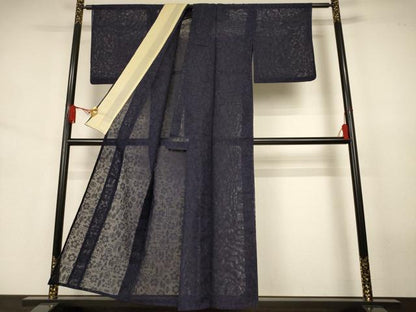 平和屋着物＊夏物　色無地　幾何学花紋紗　黒紅色　正絹　逸品　AABJ6363jd