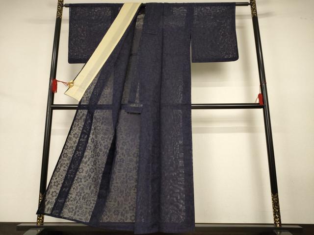 平和屋着物＊夏物　色無地　幾何学花紋紗　黒紅色　正絹　逸品　AABJ6363jd