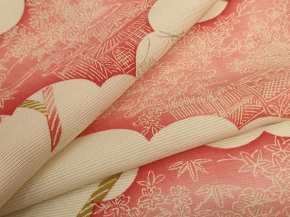 平和屋着物＊夏物　小紋　絽　風景花文　正絹　逸品　AABJ6364jd