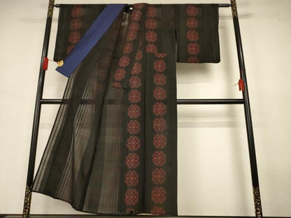 平和屋着物＊夏物　小紋　紗　正倉院花文　黒地　正絹　逸品　AABJ6371jd