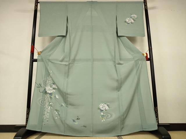 平和屋着物＊夏物　訪問着　絽　手描き　童子　紫陽花　正絹　逸品　AABJ6373jd