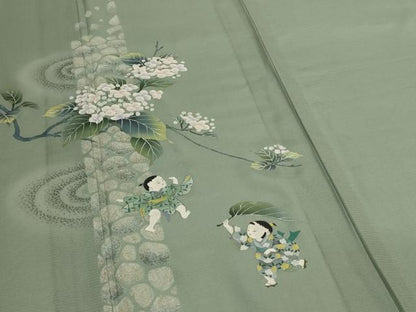 平和屋着物＊夏物　訪問着　絽　手描き　童子　紫陽花　正絹　逸品　AABJ6373jd