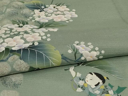 平和屋着物＊夏物　訪問着　絽　手描き　童子　紫陽花　正絹　逸品　AABJ6373jd