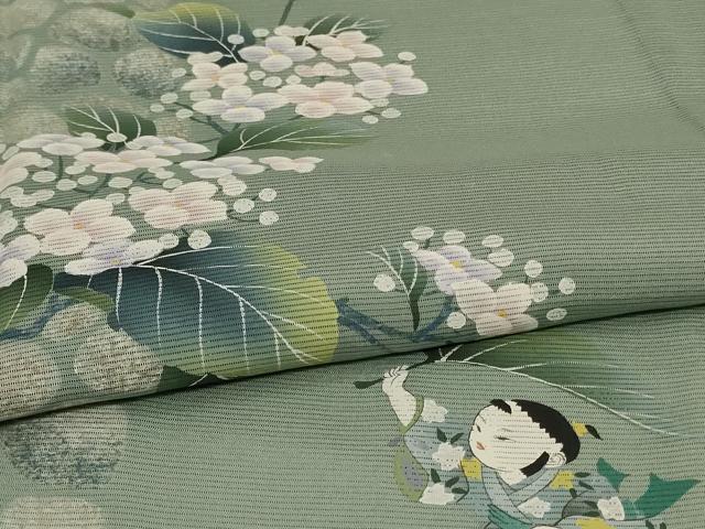 平和屋着物＊夏物　訪問着　絽　手描き　童子　紫陽花　正絹　逸品　AABJ6373jd