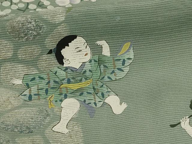 平和屋着物＊夏物　訪問着　絽　手描き　童子　紫陽花　正絹　逸品　AABJ6373jd