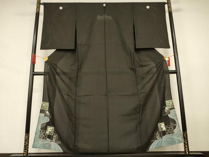 平和屋着物＊夏物　黒留袖　縦絽　刺繍　流水色紙花文　金糸　正絹　逸品　AABJ6378jd