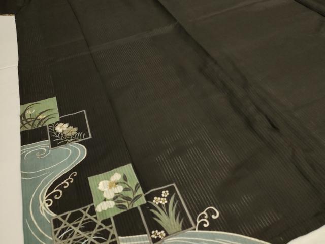 平和屋着物＊夏物　黒留袖　縦絽　刺繍　流水色紙花文　金糸　正絹　逸品　AABJ6378jd