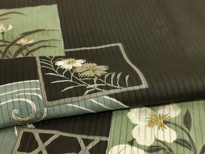 平和屋着物＊夏物　黒留袖　縦絽　刺繍　流水色紙花文　金糸　正絹　逸品　AABJ6378jd