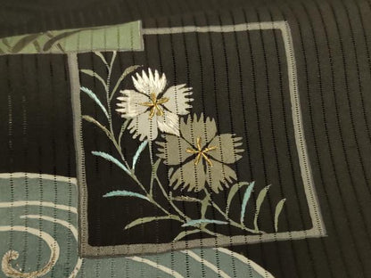平和屋着物＊夏物　黒留袖　縦絽　刺繍　流水色紙花文　金糸　正絹　逸品　AABJ6378jd
