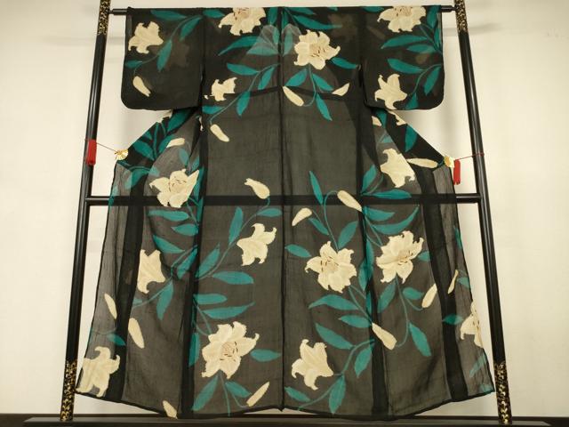 平和屋着物＊夏物　アンティーク　大正ロマン　小紋　紗　草花文　黒地　正絹　逸品　AABJ6398jd