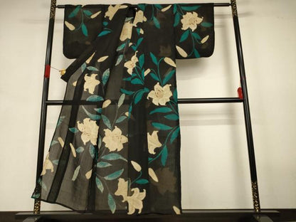 平和屋着物＊夏物　アンティーク　大正ロマン　小紋　紗　草花文　黒地　正絹　逸品　AABJ6398jd