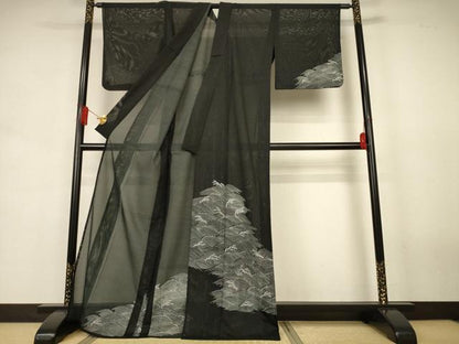 平和屋着物＊夏物　訪問着　絽　立波文　黒地　洗える着物　AABJ6430jd