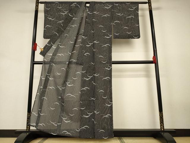 平和屋着物＊夏物　小紋　絽　雪芝文　黒地　洗える着物　AABJ6437jd