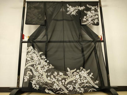平和屋着物＊夏物　訪問着　絽　辻が花　黒地　洗える着物　AABJ6438jd