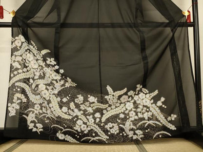 平和屋着物＊夏物　訪問着　絽　辻が花　黒地　洗える着物　AABJ6438jd