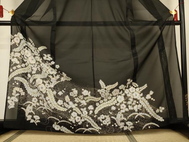 平和屋着物＊夏物　訪問着　絽　辻が花　黒地　洗える着物　AABJ6438jd