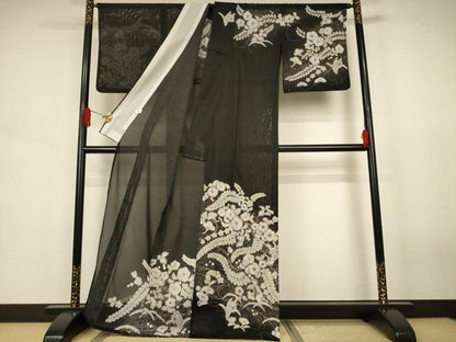 平和屋着物＊夏物　訪問着　絽　辻が花　黒地　洗える着物　AABJ6438jd