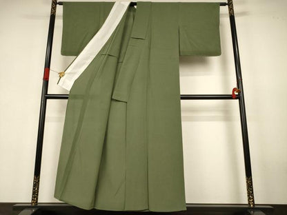 平和屋着物＊夏物　色無地　絽縮緬　麹塵色　正絹　逸品　AABJ6443jd