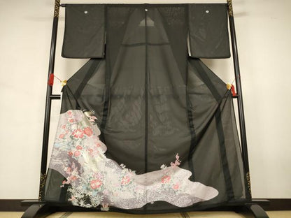 平和屋着物＊夏物　黒留袖　絽　花鳥文　銀彩　洗える着物　AABJ6458jd