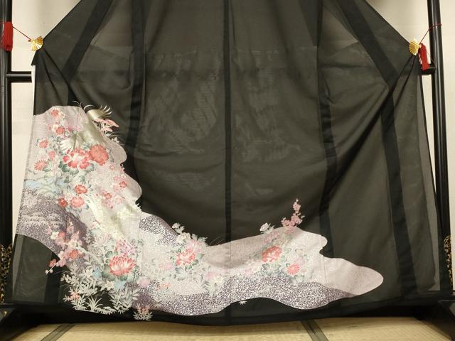 平和屋着物＊夏物　黒留袖　絽　花鳥文　銀彩　洗える着物　AABJ6458jd