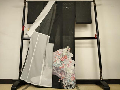 平和屋着物＊夏物　黒留袖　絽　花鳥文　銀彩　洗える着物　AABJ6458jd