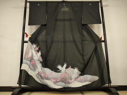 平和屋着物＊夏物　黒留袖　絽　枝梅文　鶴　洗える着物　AABJ6459jd