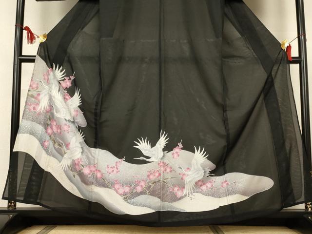 平和屋着物＊夏物　黒留袖　絽　枝梅文　鶴　洗える着物　AABJ6459jd
