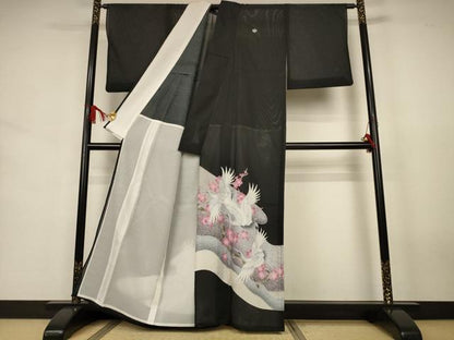 平和屋着物＊夏物　黒留袖　絽　枝梅文　鶴　洗える着物　AABJ6459jd