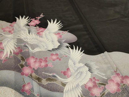 平和屋着物＊夏物　黒留袖　絽　枝梅文　鶴　洗える着物　AABJ6459jd