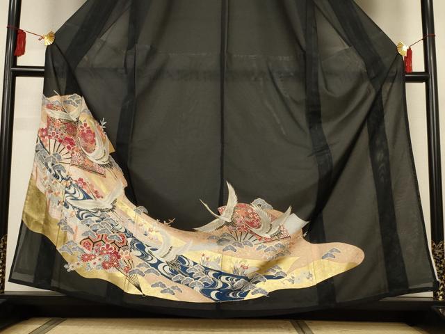 平和屋着物＊夏物　黒留袖　絽　扇面吉祥花文　鶴　金彩　洗える着物　AABJ6461jd