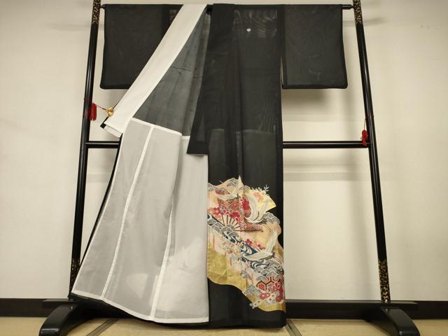 平和屋着物＊夏物　黒留袖　絽　扇面吉祥花文　鶴　金彩　洗える着物　AABJ6461jd
