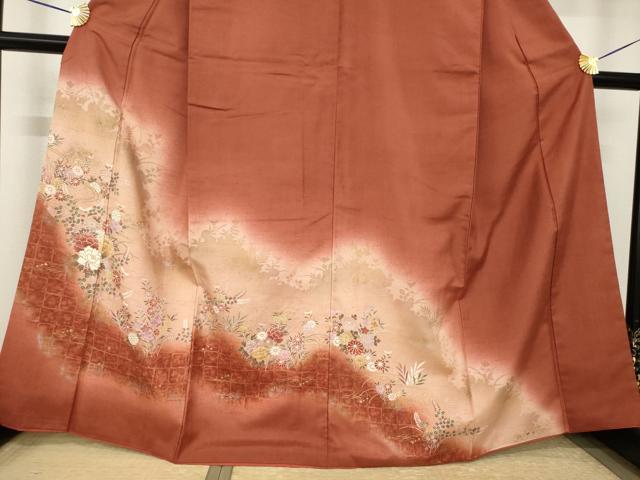平和屋着物●訪問着　紬地　草花文　暈し染め　正絹　逸品　AABJ6485ck