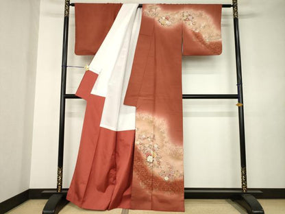 平和屋着物●訪問着　紬地　草花文　暈し染め　正絹　逸品　AABJ6485ck