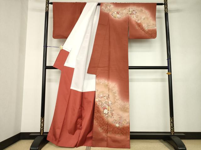 平和屋着物●訪問着　紬地　草花文　暈し染め　正絹　逸品　AABJ6485ck