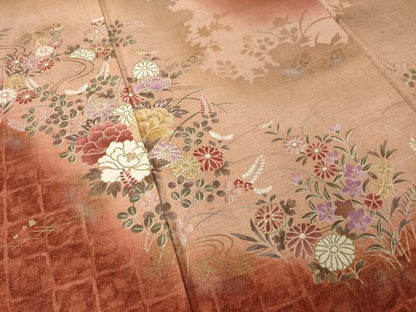 平和屋着物●訪問着　紬地　草花文　暈し染め　正絹　逸品　AABJ6485ck