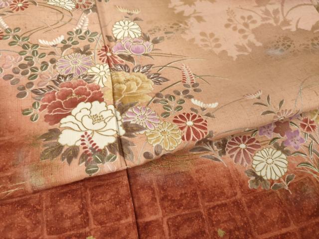 平和屋着物●訪問着　紬地　草花文　暈し染め　正絹　逸品　AABJ6485ck
