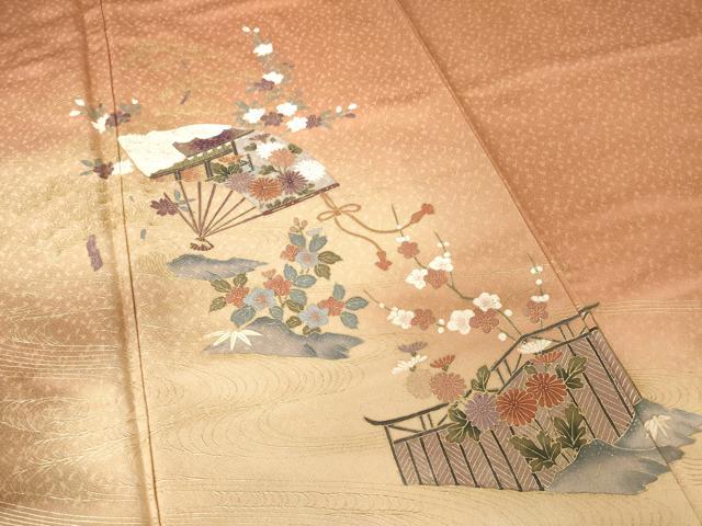 平和屋着物●訪問着　扇面風景花文　金彩　正絹　逸品　AABJ6488ck